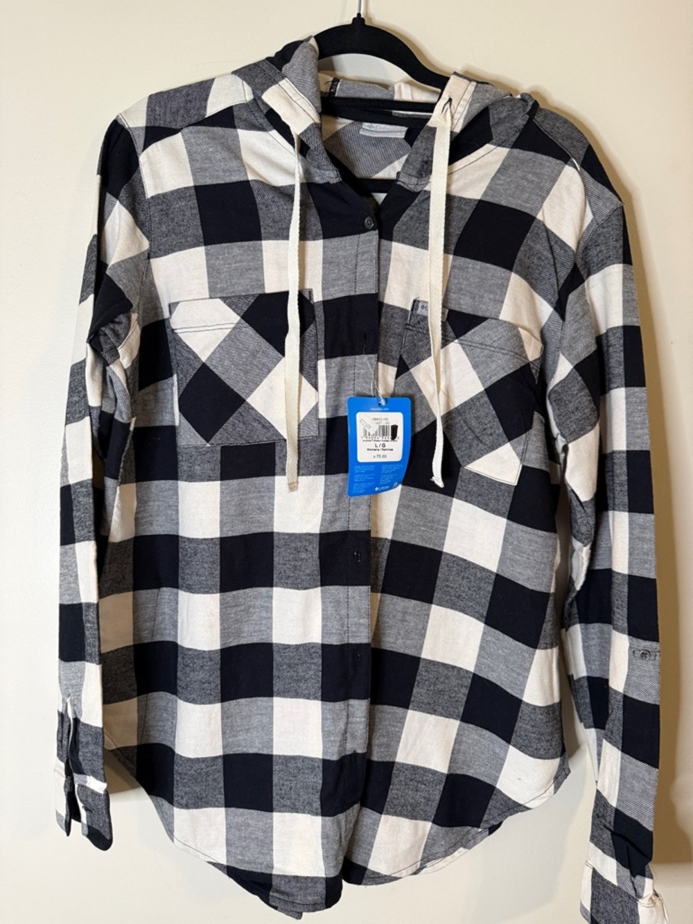 Columbia Black and White Plaid Hooded Button-Up Shirt